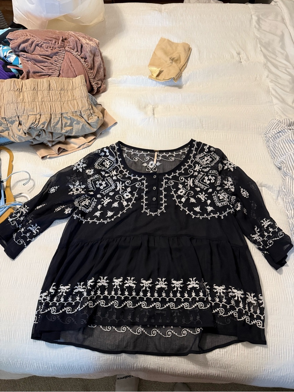 Free People Black Peasant Tunic with White Embroidery